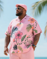 Big & Tall Men's Holiday Luxury Floral Printed Short Sleeve Shirt Trousers Cotton Linen Suit